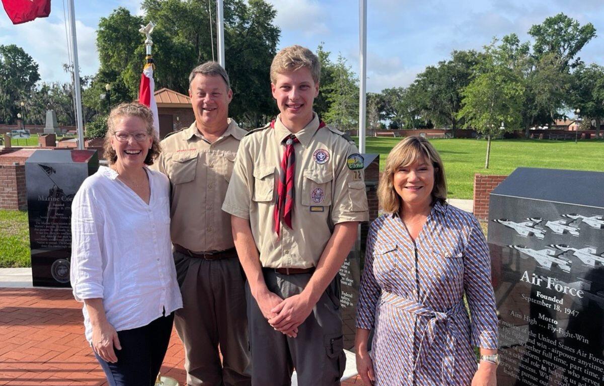 Jennifer Eggers, Ken Eggers, Nicholas Egger and Kathy Bryant at the dedication of the military service flag display plaza. Courtesy: Ben Baugh/352today