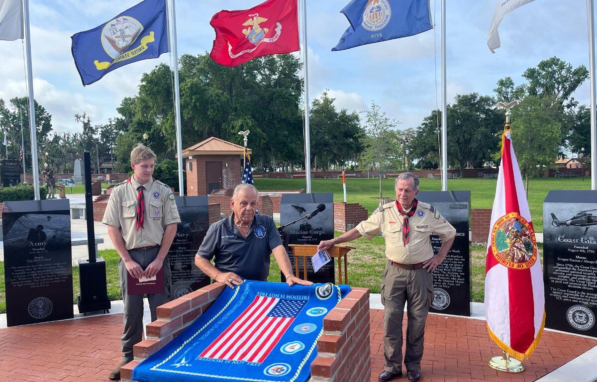 Nicholas Eggers, Ron Oppliger and Sandy Clardy at the unveiling of Nicholas Eggers Eagle Scout project at the Ocala/Marion County Veterans Memorial Park on May 17, 2025. Courtesy: Ben Baugh/352today