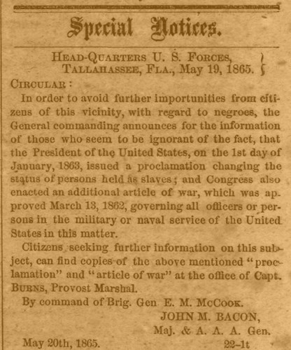 Historical newspaper clipping titled "Special Notices" from May 19, 1865, issued by the U.S. military in Tallahassee, Florida, informing citizens—particularly those unaware—that slavery had been abolished by the Emancipation Proclamation effective January 1, 1863, and referencing laws from 1862 governing military conduct regarding the issue.