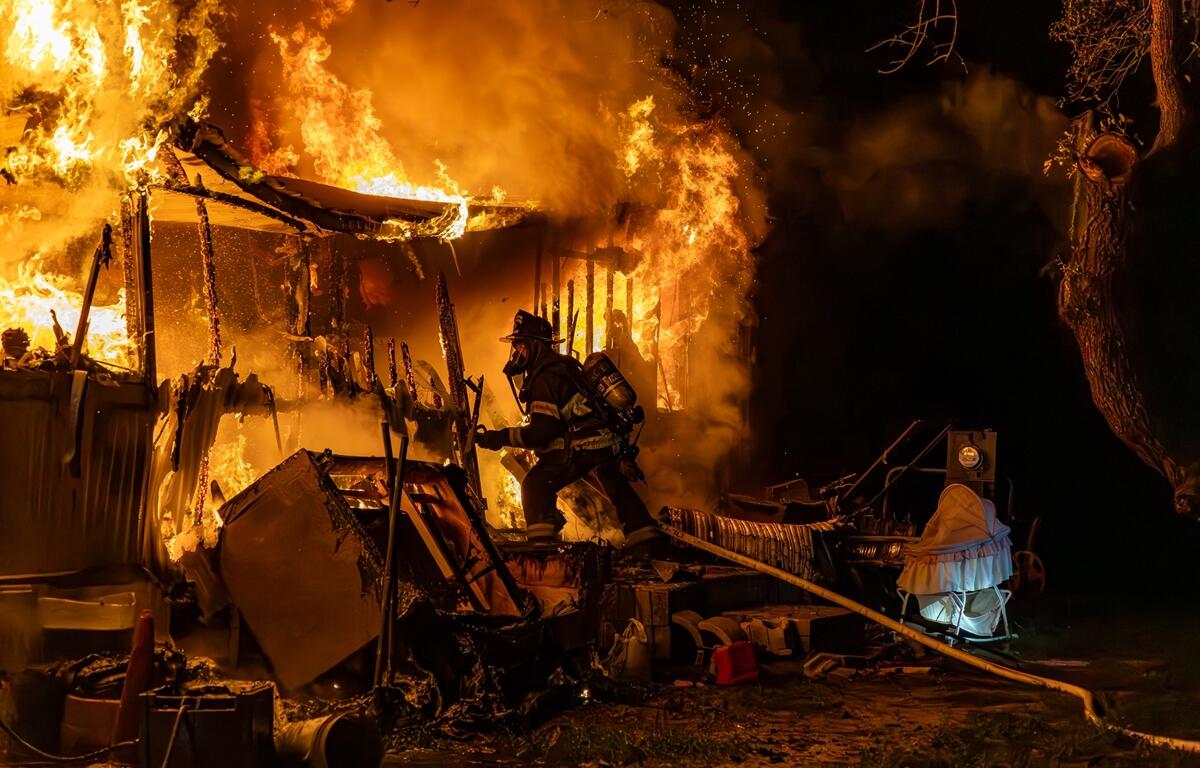 Firefighter in full gear attacks a mobile home fire at night, surrounded by collapsing debris and engulfed flames pouring from the structure.