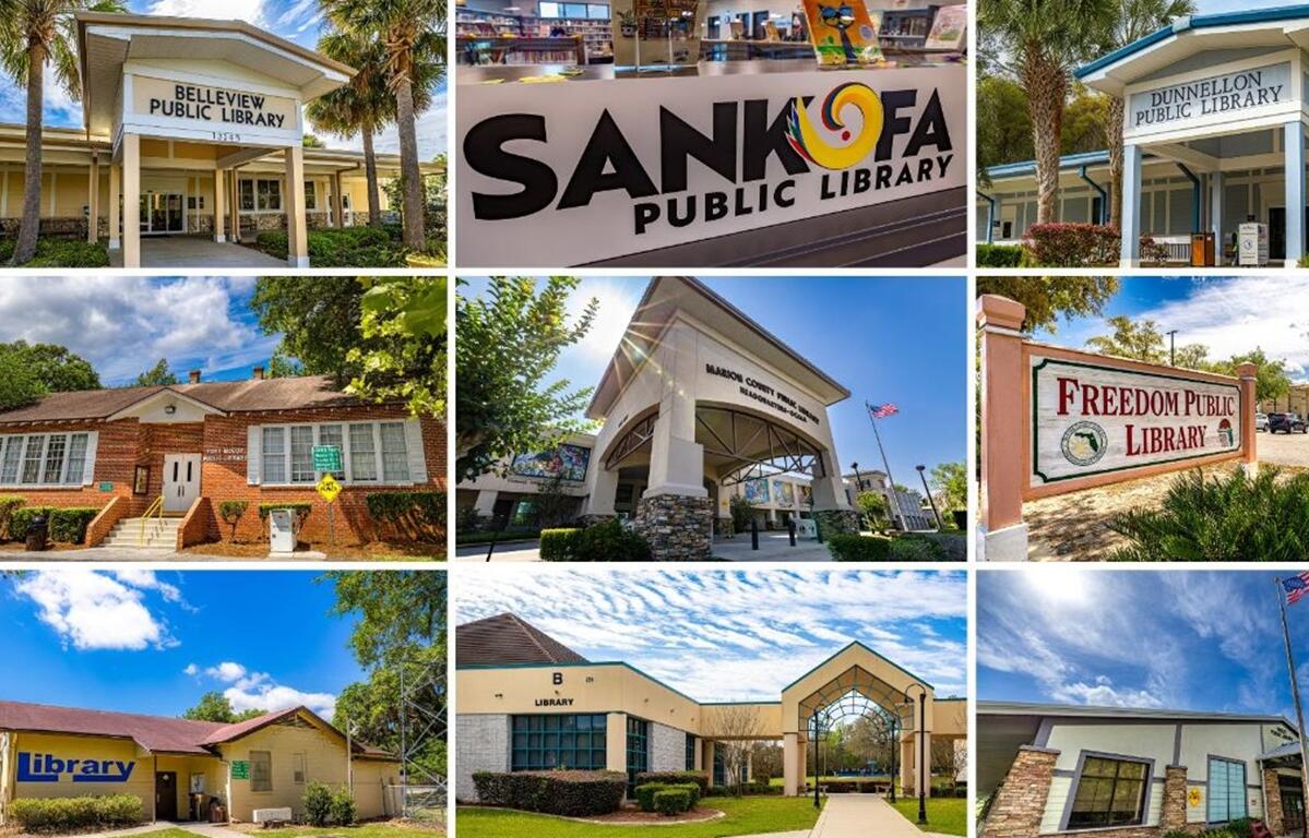 Collage of nine Marion County Public Library System branches, including Belleview, Dunnellon, Freedom, Sankofa, and others, showcasing a mix of historic and modern library buildings under sunny skies.
