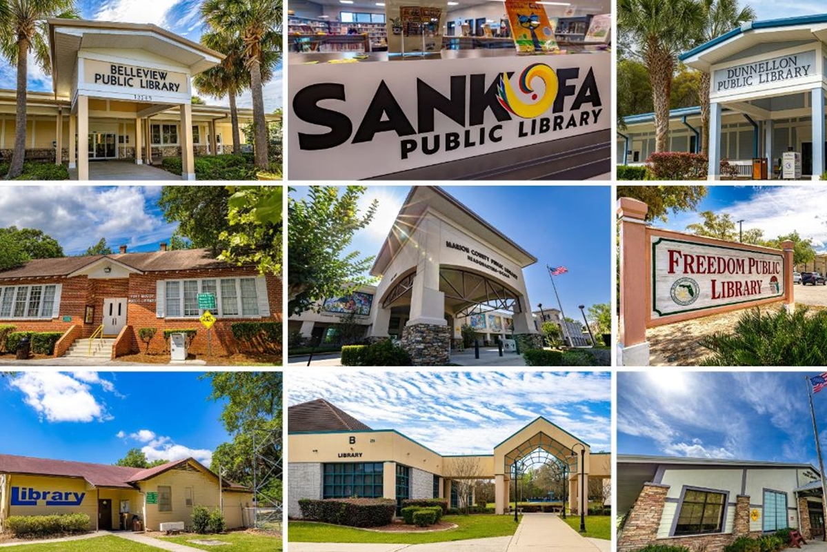 Collage of nine Marion County Public Library System branches, including Belleview, Dunnellon, Freedom, Sankofa, and others, showcasing a mix of historic and modern library buildings under sunny skies.