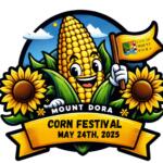 Illustrated logo featuring a smiling ear of corn holding a Mount Dora city flag, surrounded by sunflowers and a ribbon that reads “Corn Festival, May 24th, 2025.”