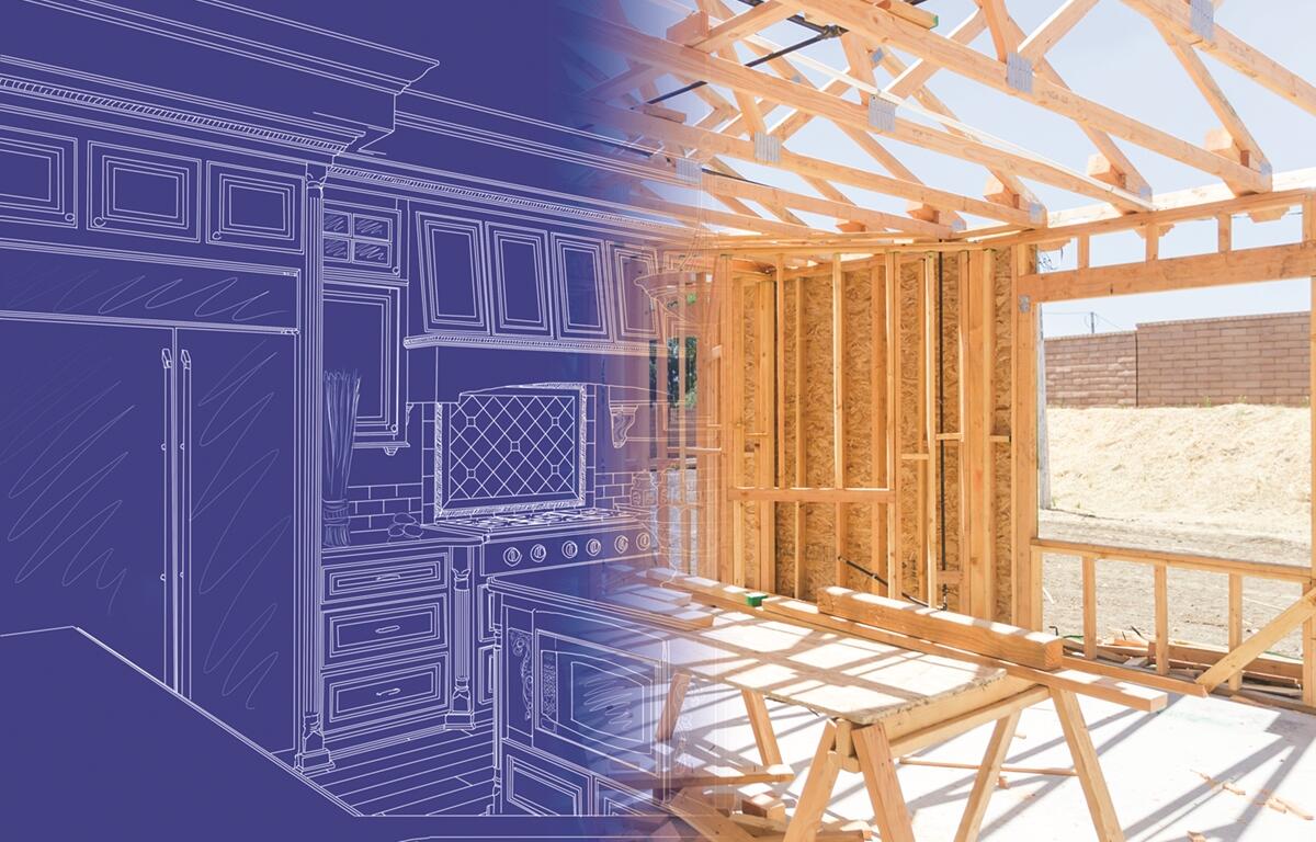 A split image showing a kitchen blueprint on the left blending into a real wooden home frame under construction on the right, symbolizing planning and building.
