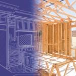 A split image showing a kitchen blueprint on the left blending into a real wooden home frame under construction on the right, symbolizing planning and building.