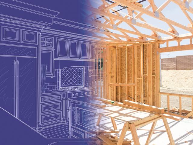 A split image showing a kitchen blueprint on the left blending into a real wooden home frame under construction on the right, symbolizing planning and building.