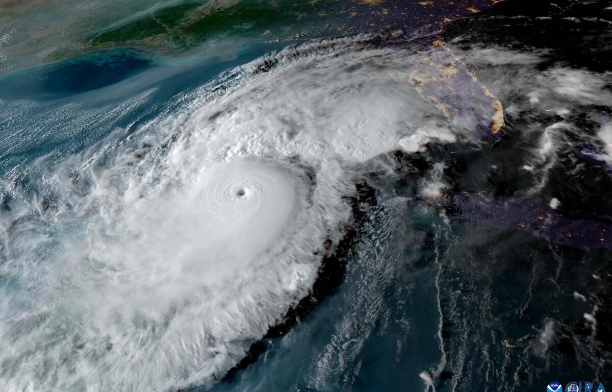 Image of Hurricane Milton from NOAA's GOES-16 satellite on Oct. 8, 2024, showing a well-defined eye and dense cloud bands approaching the Florida peninsula.