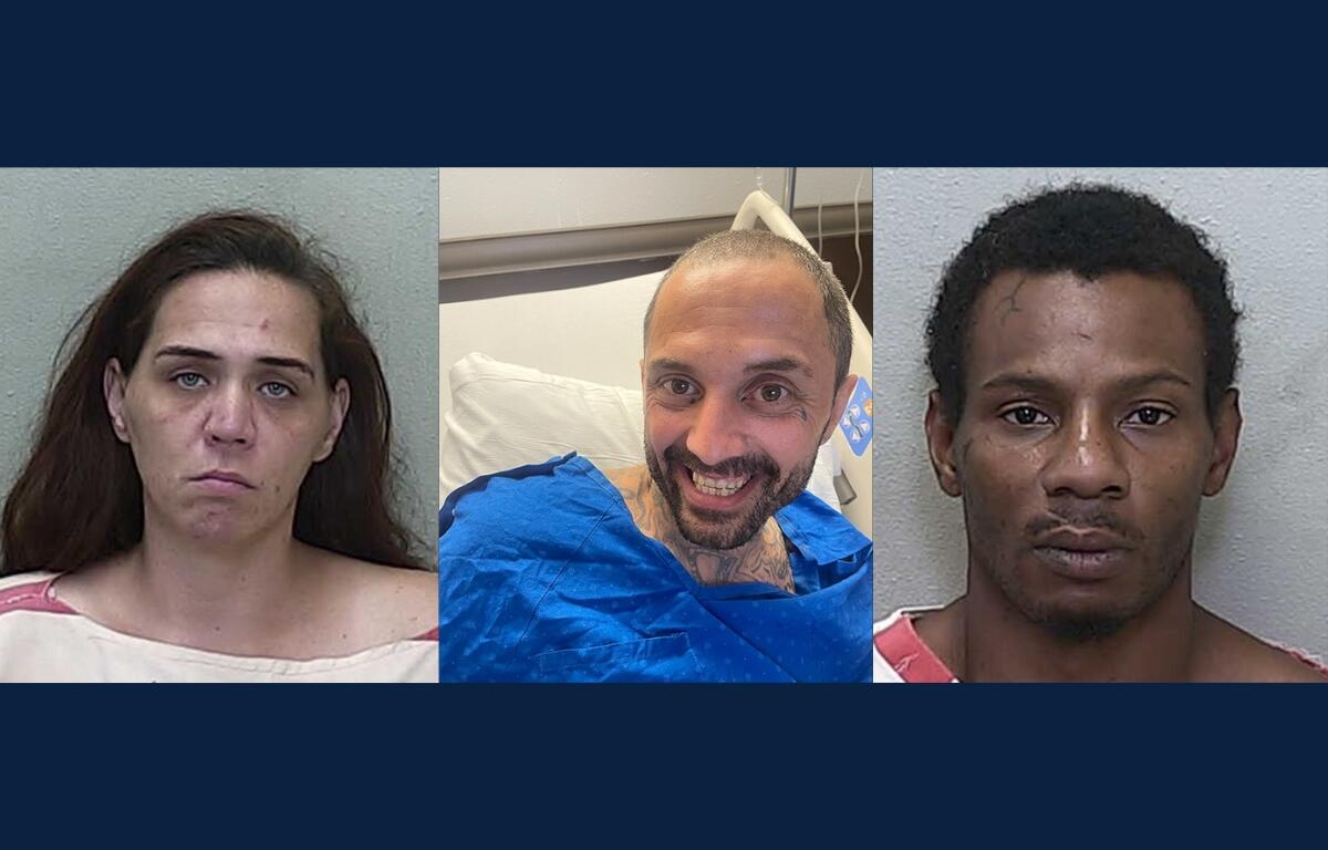 Mugshots of Amanda Jean Bishop and Andre Javon Baker, and a hospital photo of Randall Lee Williford, all arrested after an Ocala bank robbery on May 8, 2025.