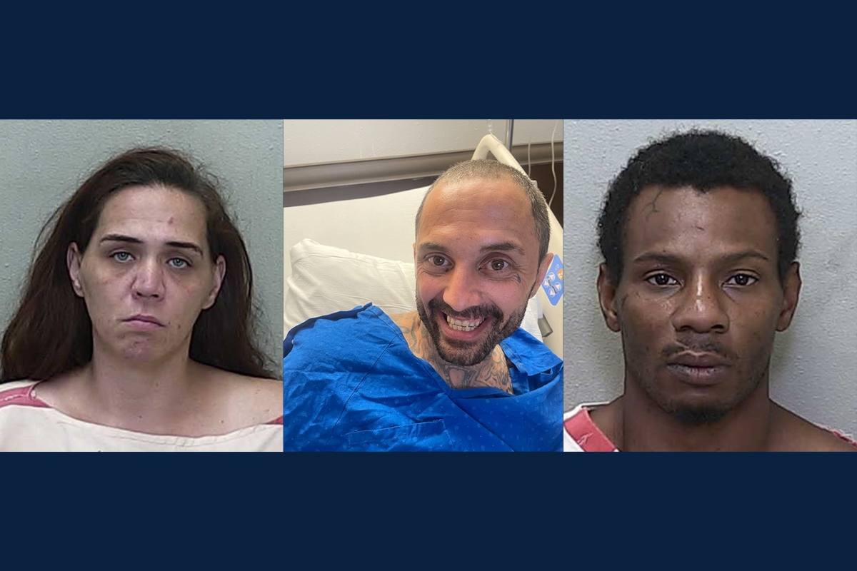 Mugshots of Amanda Jean Bishop and Andre Javon Baker, and a hospital photo of Randall Lee Williford, all arrested after an Ocala bank robbery on May 8, 2025.