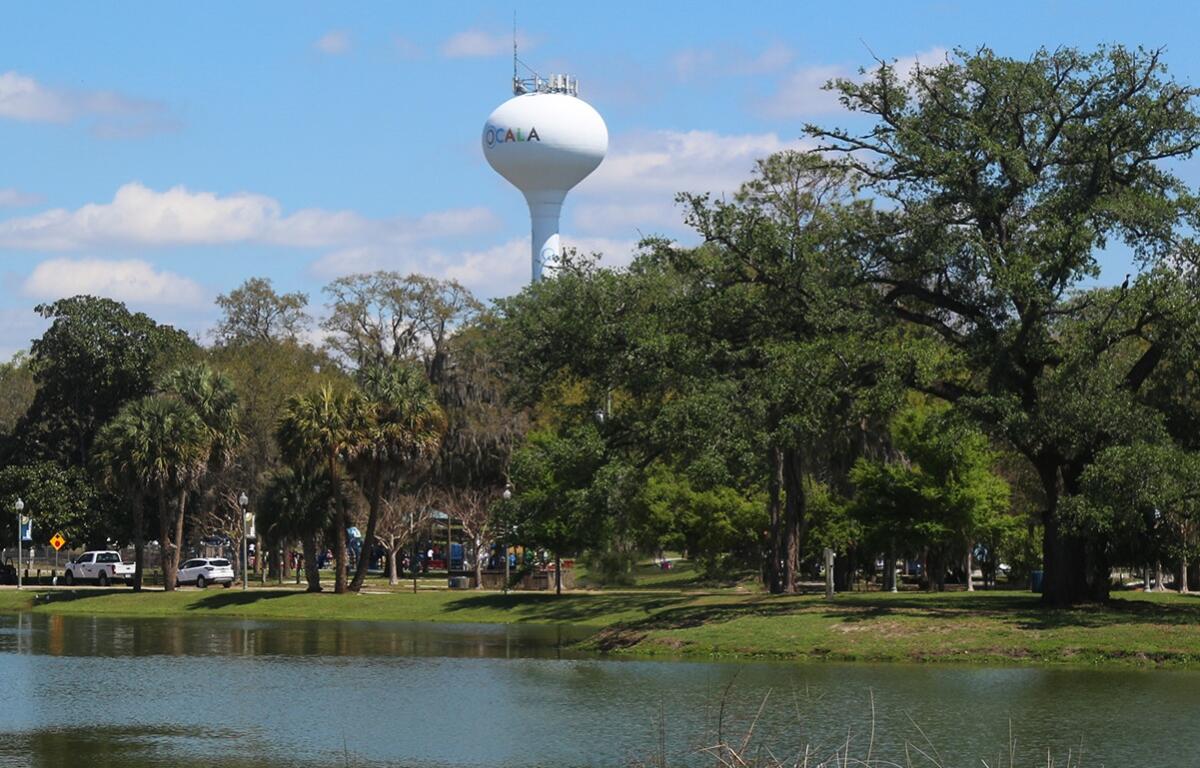 Ocala water tower seen behind trees and lake at Tuscawilla Park on a clear day.