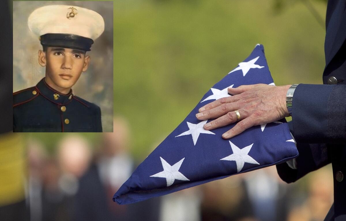 Inset image of U.S. Marine Francisco “Panchie” Diaz in uniform overlaid on a photo of a folded American flag being held during a military funeral ceremony.