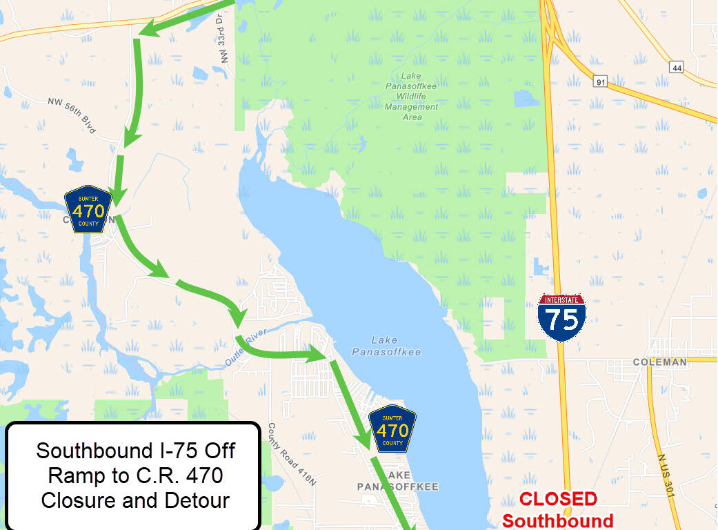 Map showing the closure of the southbound I-75 off-ramp to County Road 470 in Sumter County, Florida, with a detour route directing traffic through State Road 44 and area roads around Lake Panasoffkee.
