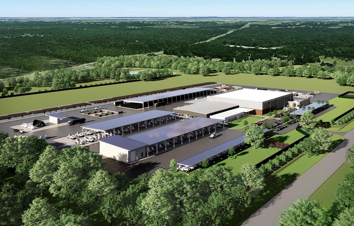 Conceptual aerial rendering of SECO Energy’s future operations facility, featuring multiple buildings, vehicle bays, and landscaped buffers, set in a rural area of Marion County.