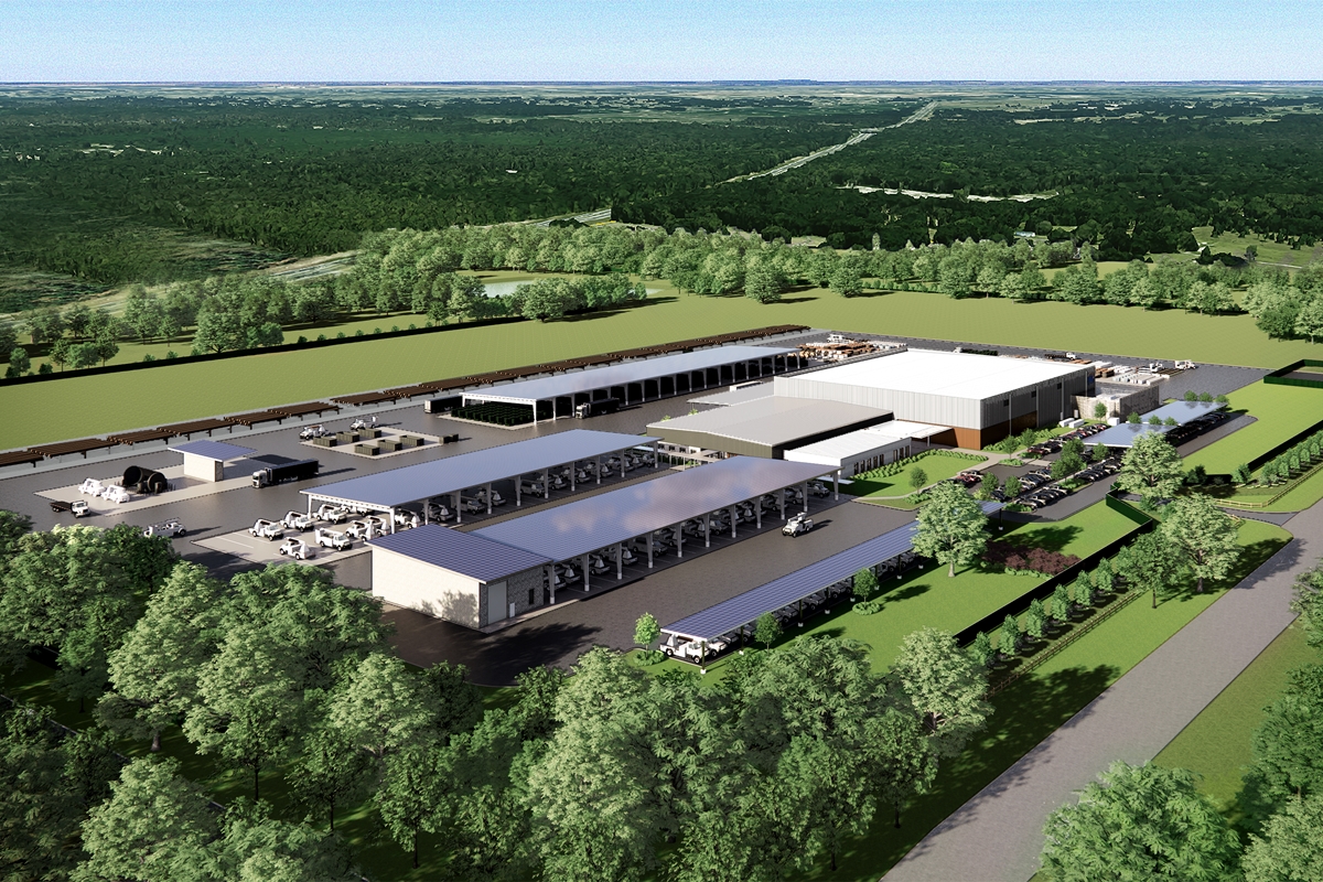 Conceptual aerial rendering of SECO Energy’s future operations facility, featuring multiple buildings, vehicle bays, and landscaped buffers, set in a rural area of Marion County.