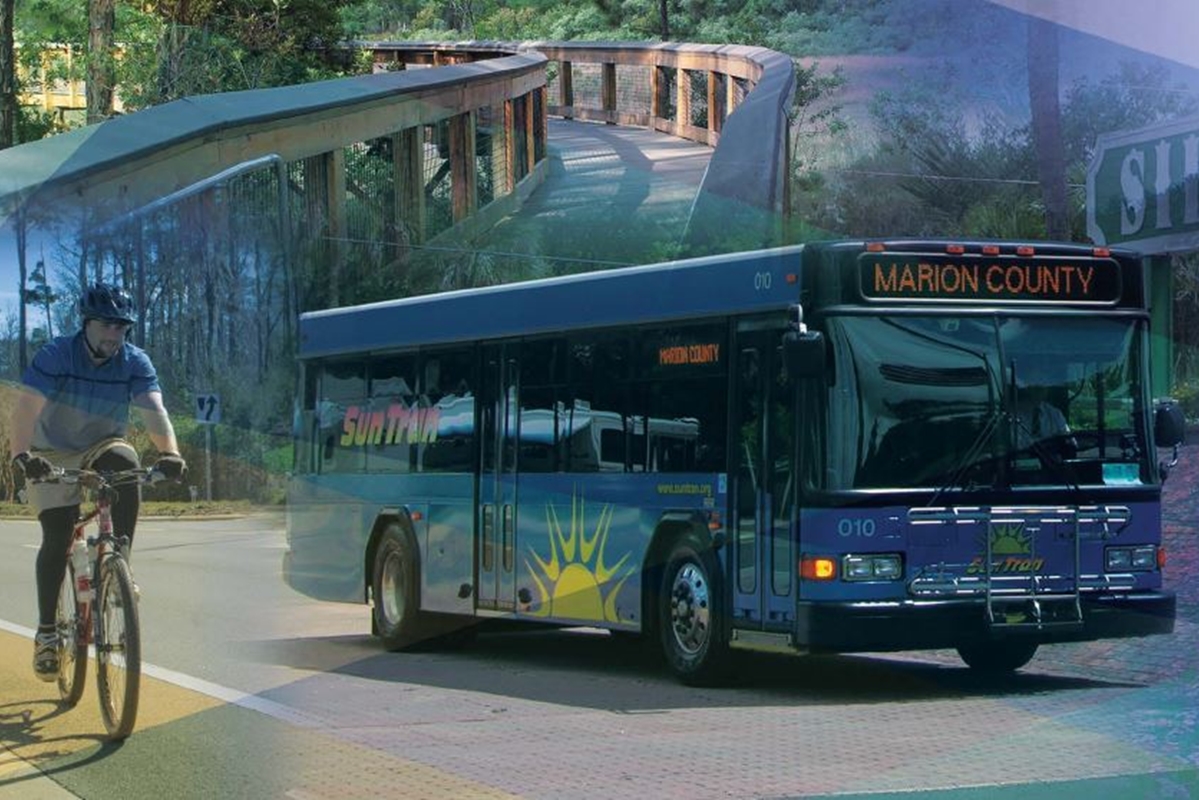 Composite image of a SunTran bus, a cyclist on a road, and a wooden pedestrian bridge representing transportation options in Marion County.