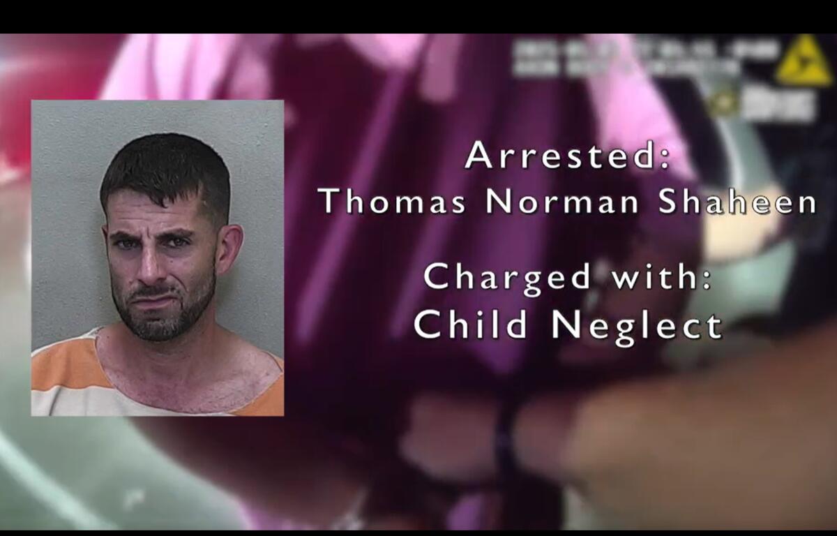 Mugshot of Thomas Norman Shaheen wearing an orange jail uniform, alongside text stating he was arrested and charged with child neglect.