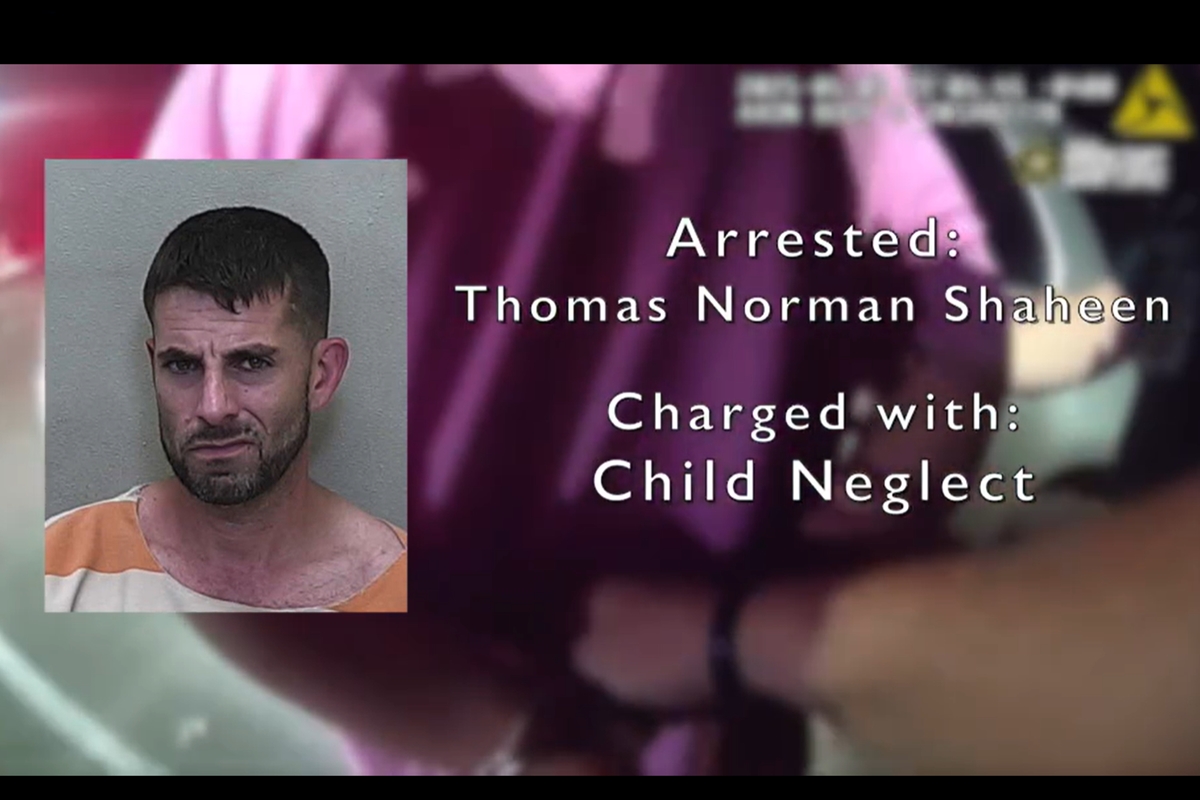 Mugshot of Thomas Norman Shaheen wearing an orange jail uniform, alongside text stating he was arrested and charged with child neglect.