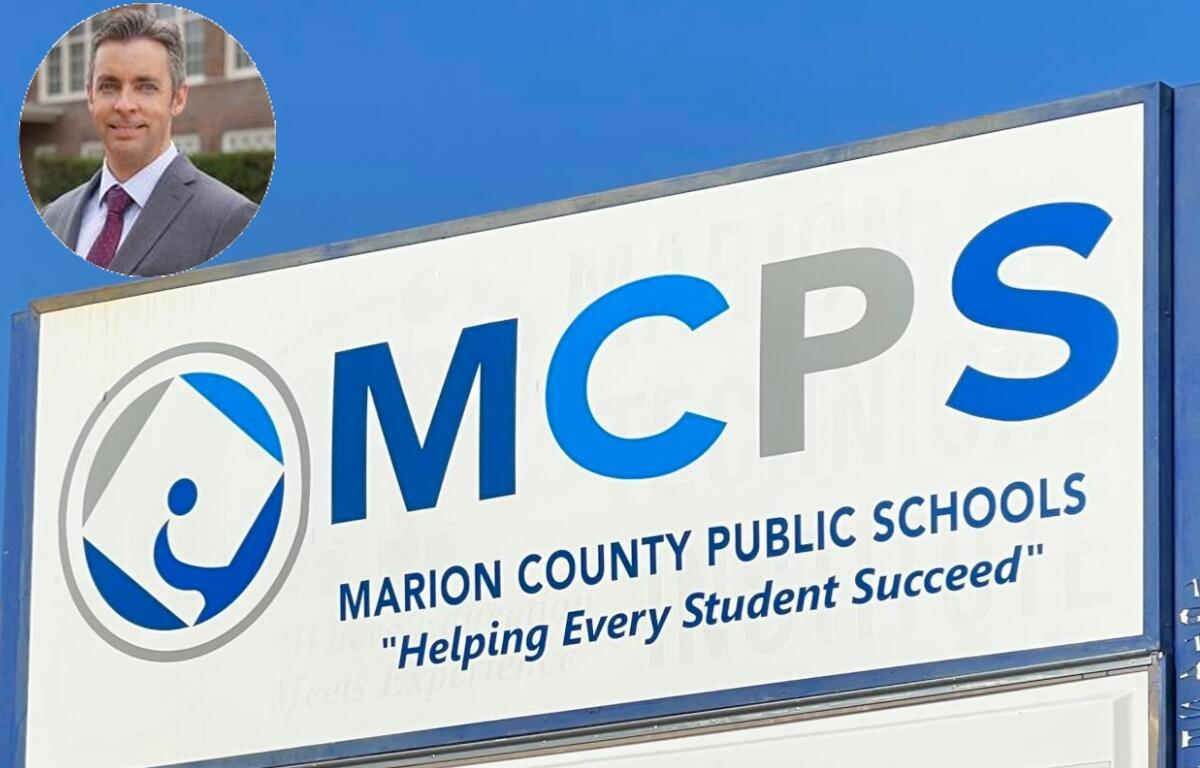 Photo of Marion County Public Schools administration sign with inset of Ben Whitehouse.