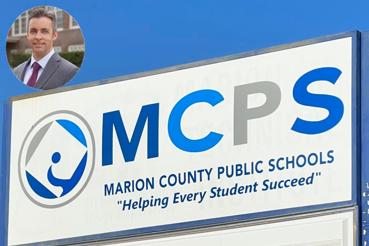 Photo of Marion County Public Schools administration sign with inset of Ben Whitehouse.