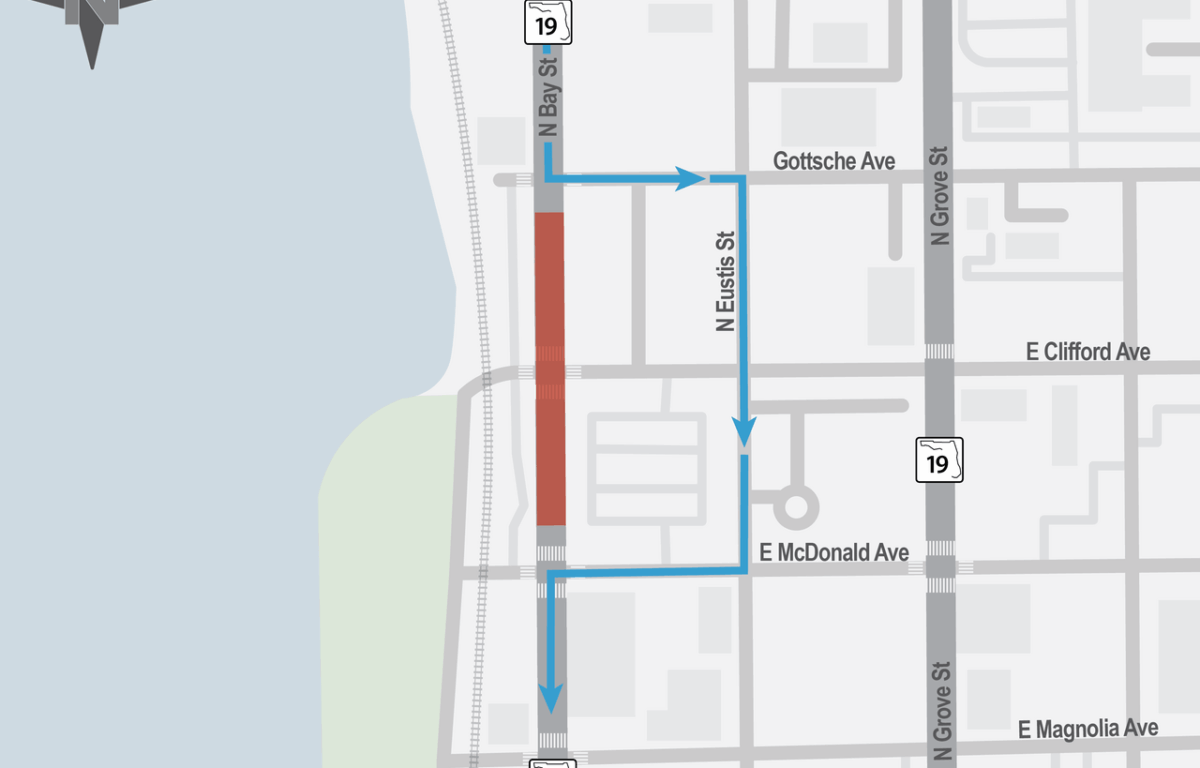 Map showing S.R. 19 southbound road closure and detour route in Eustis, Florida, from Gottsche Avenue to East McDonald Avenue.