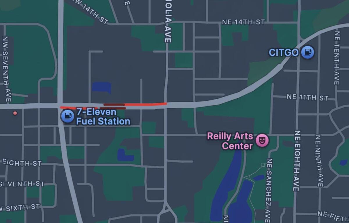 Map highlights closed portion of NW 10th Street in Ocala between U.S. 441 and NE 8th Avenue due to train derailment.