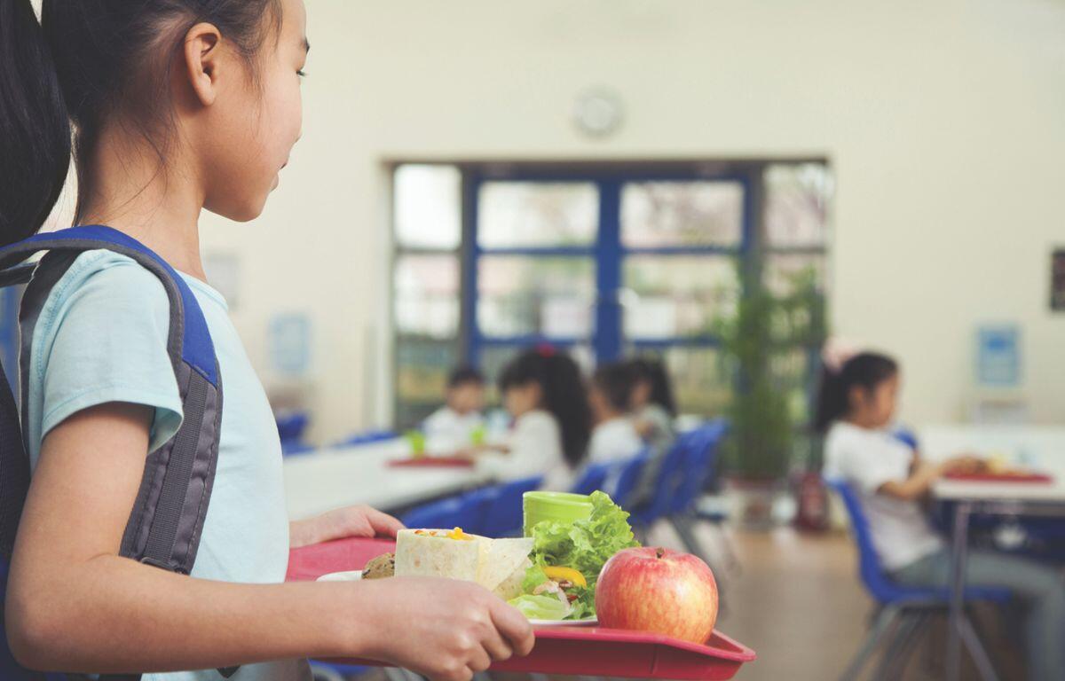 a young girl in a school cafeteria holding a lunch tray. On the tray, there's an apple, a wrap or burrito, some leafy greens, and a green drink container.