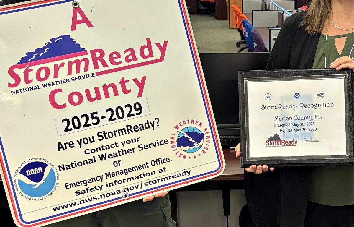 StormReady County sign and recognition certificate for Marion County, valid through 2029.