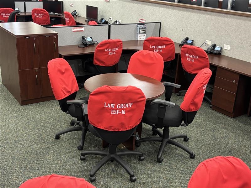 Workstations labeled "Law Group ESF-16" at Marion County Emergency Operations Center.