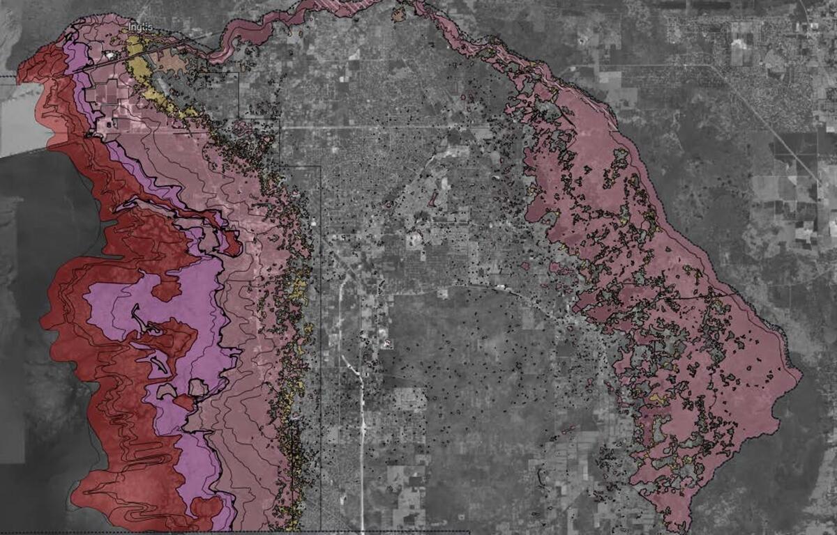 Floodplain risk map highlighting flood-prone zones in Citrus County, Florida, with shaded areas along the coast and inland regions.