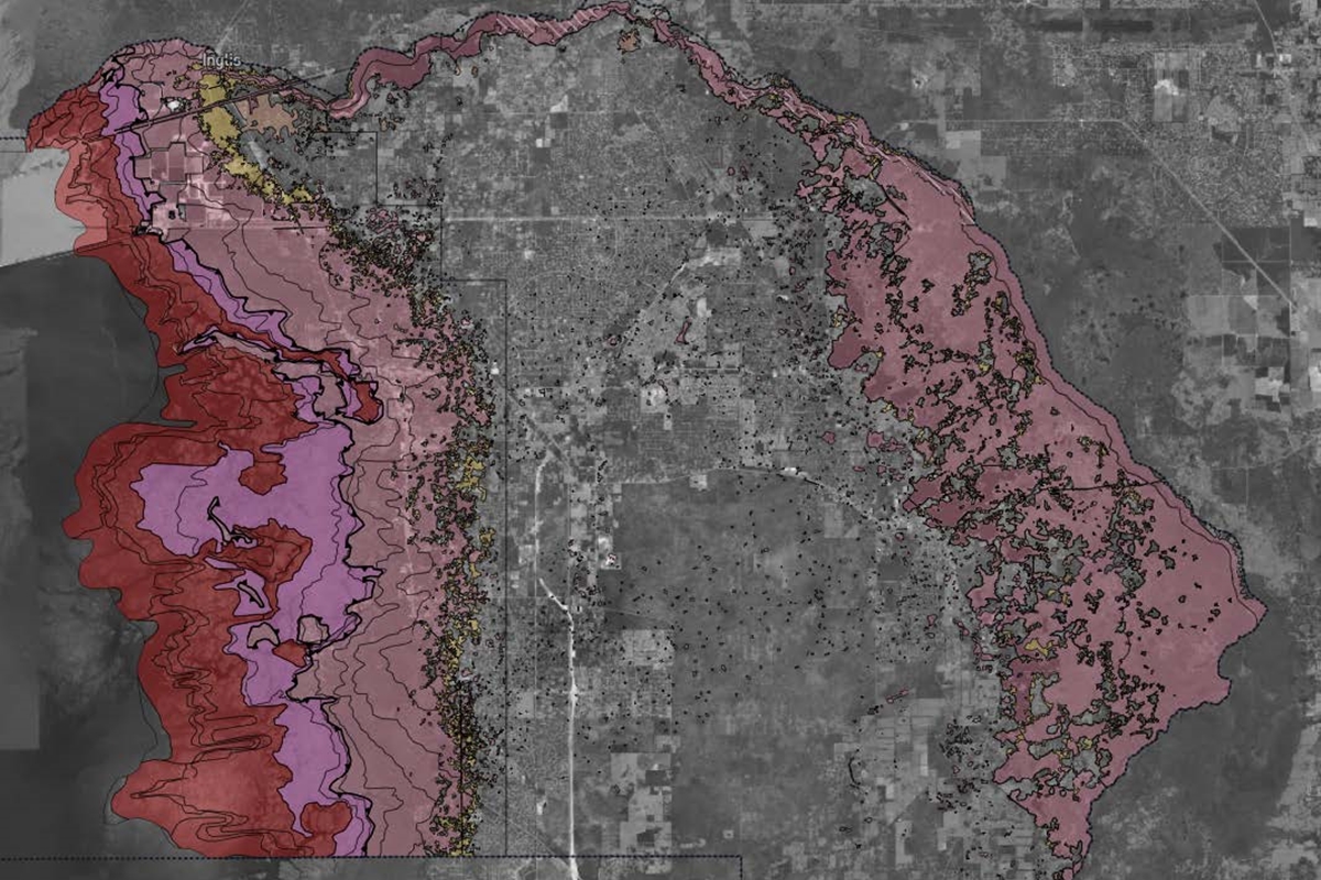 Floodplain risk map highlighting flood-prone zones in Citrus County, Florida, with shaded areas along the coast and inland regions.