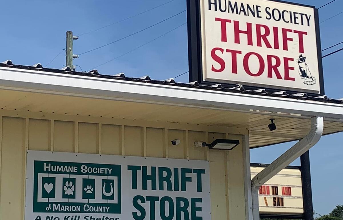 Front view of the Humane Society of Marion County Thrift Store building with signage indicating it is a no-kill shelter.