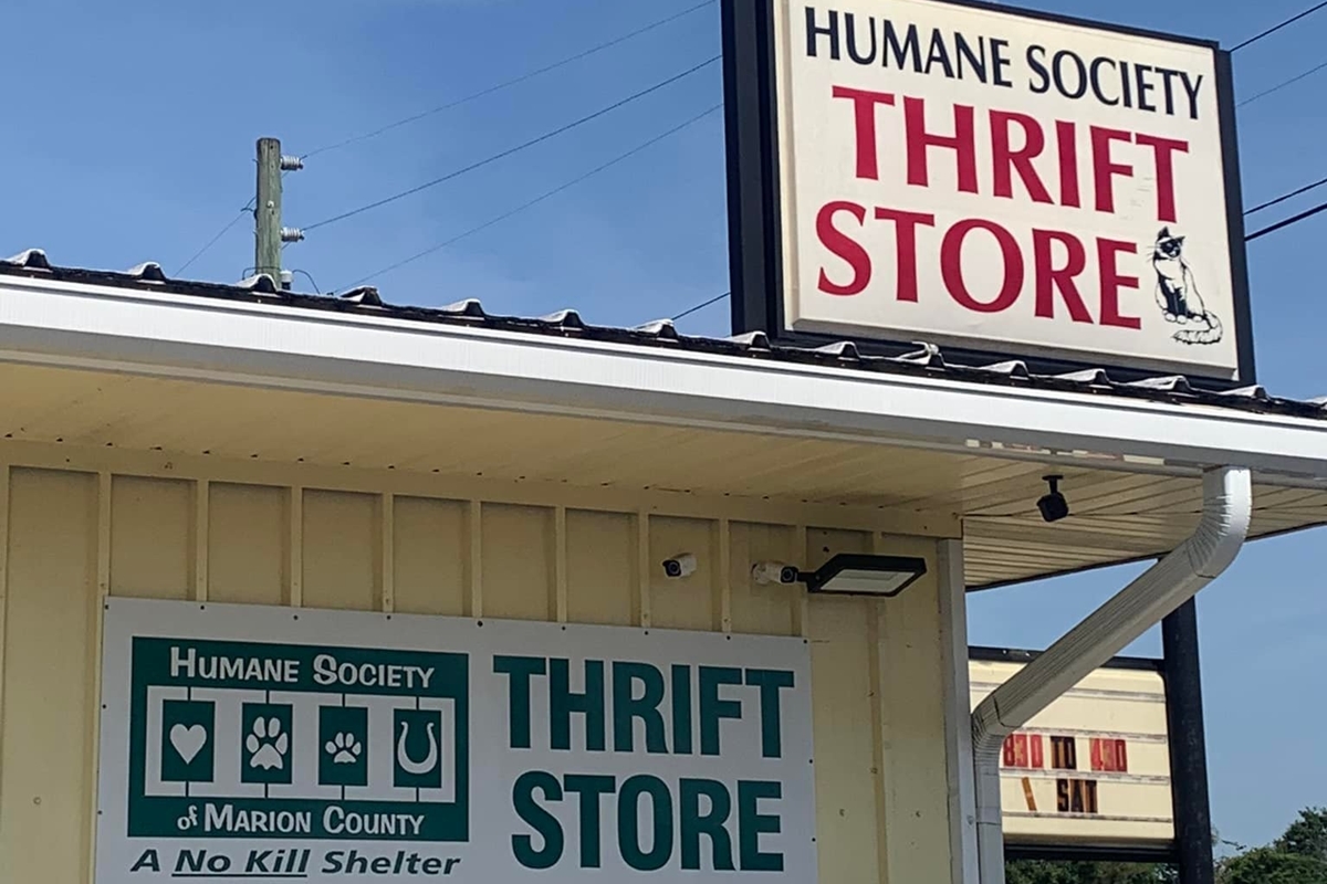 Front view of the Humane Society of Marion County Thrift Store building with signage indicating it is a no-kill shelter.