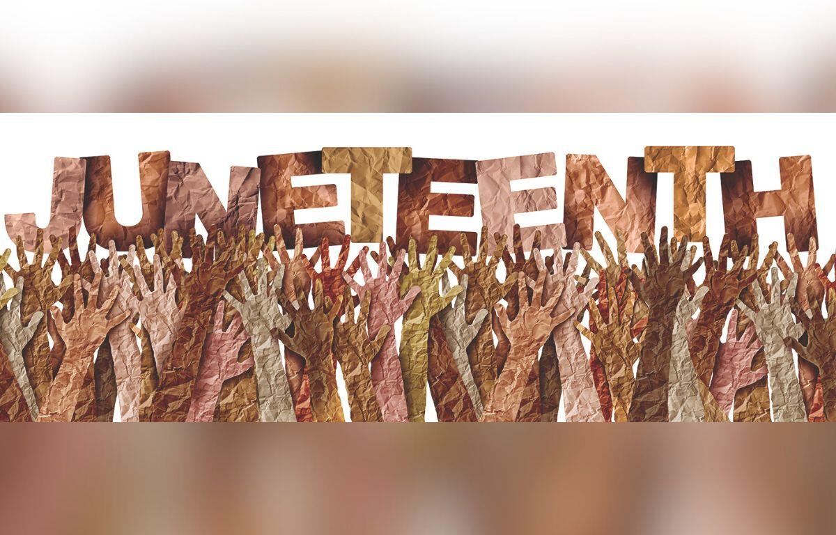 This image features the word "Juneteenth" in large, textured letters above a crowd of raised hands in various shades of brown, symbolizing unity, freedom, and the celebration of African American heritage.