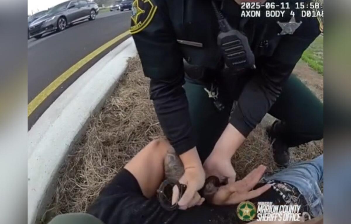 Deputy handcuffing suspect on grassy roadside after foot chase on South U.S. Highway 441 in Marion County