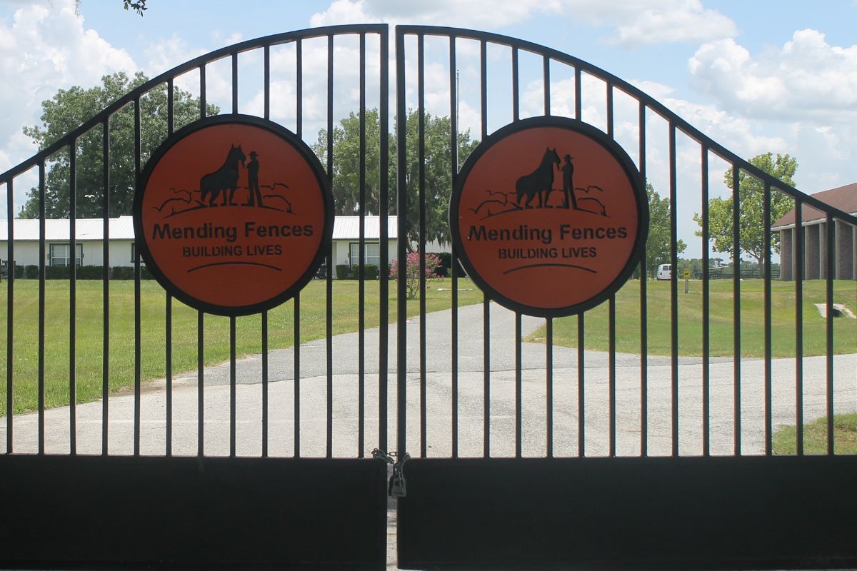 An iron gate with two big orange circular signs with writing on them with solid metal at the bottom of the gate and pavement in the foreground. A paved road, grass to each side of the road, trees and a white roofed building to the left and barn and primary building to the right, with blue skies and white clouds in the background.