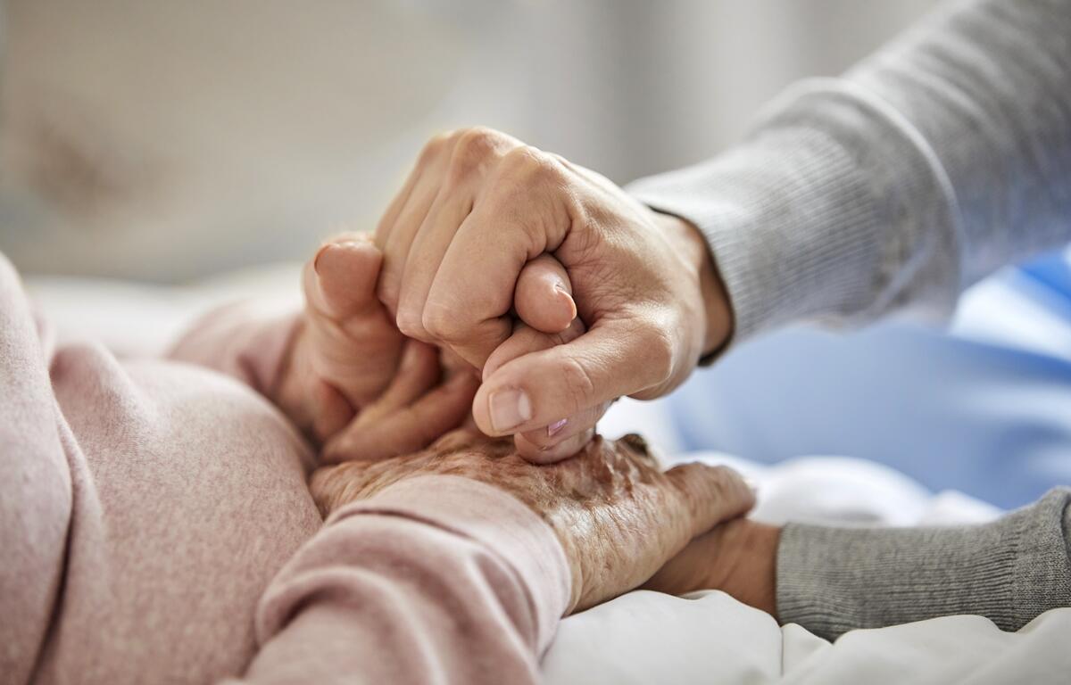 Close-up of a caregiver holding the hand of an elderly person, representing compassion and elder support.