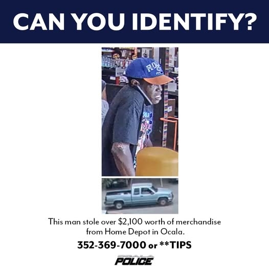 Flyer with surveillance photo of theft suspect wearing a blue and orange Florida Gators cap and a separate image of a silver extended cab pickup truck.