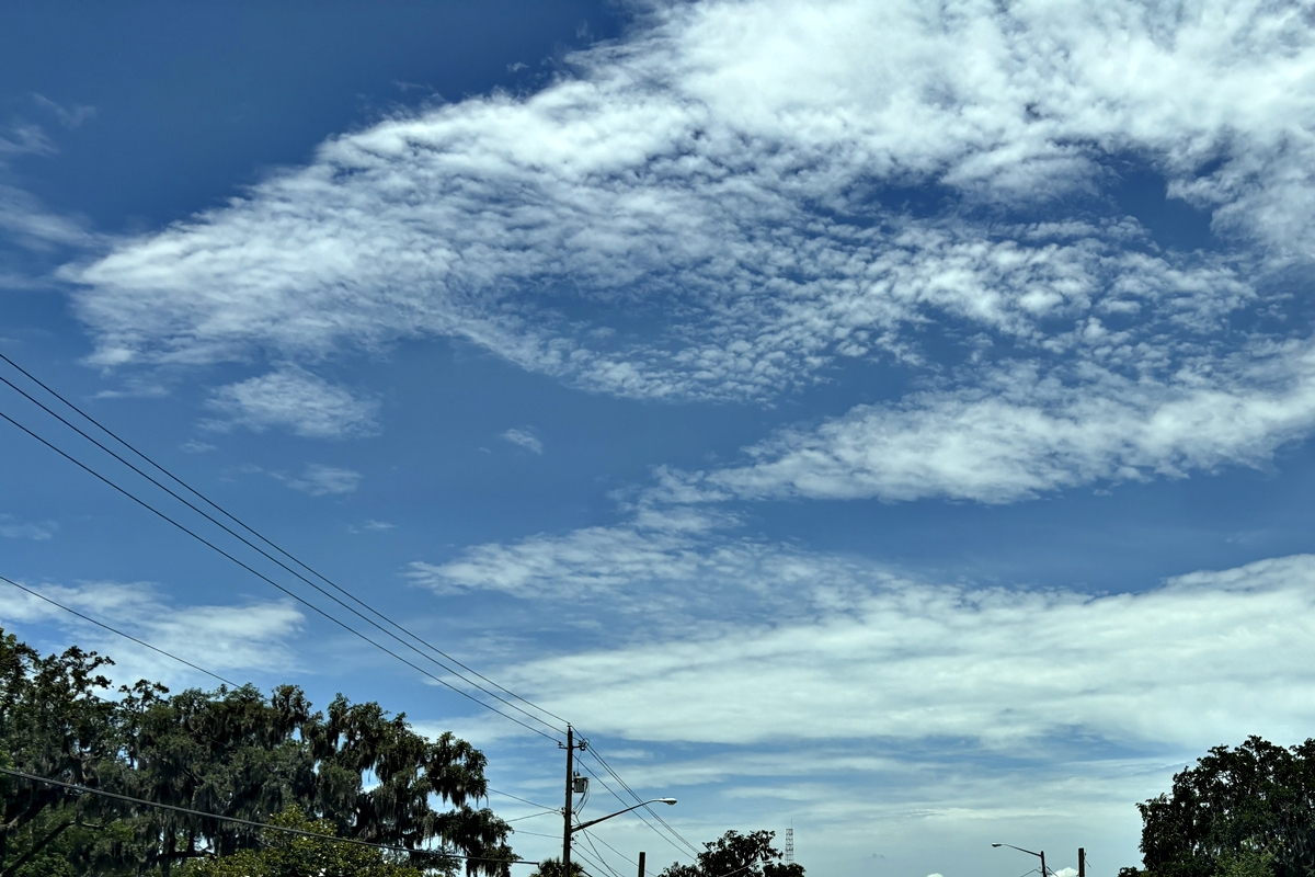 Overhead power lines beneath a blue sky with scattered clouds in Marion County.