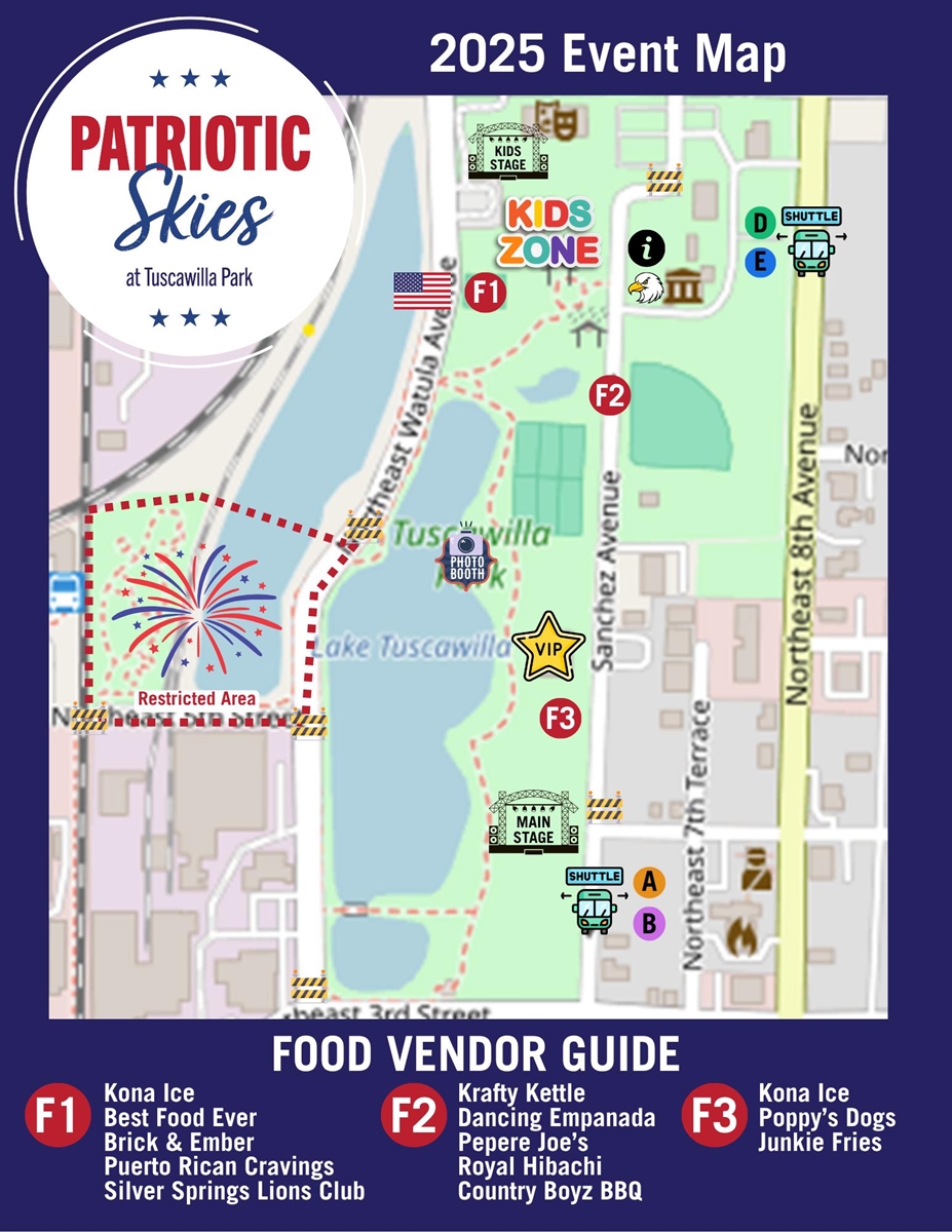 Map of Ocala’s 2025 Patriotic Skies event at Tuscawilla Park showing locations for kids’ zone, main stage, food vendors, shuttle stops, fireworks area, and other festival features.