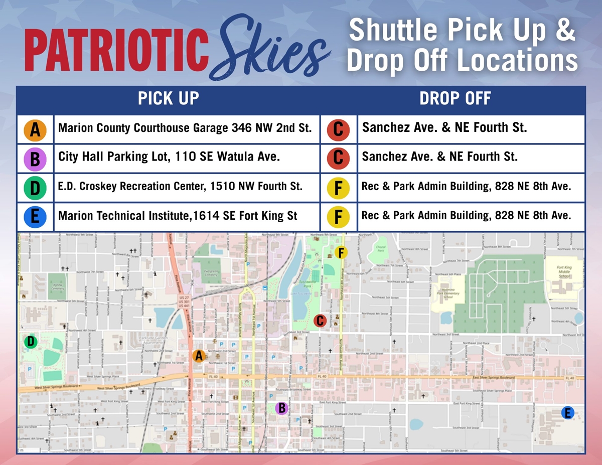Map of Ocala highlighting four shuttle pickup and two drop-off locations for the 2025 Patriotic Skies event, including Marion Technical Institute, City Hall, and E.D. Croskey Recreation Center.