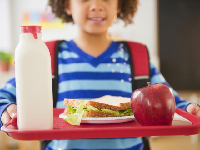 Child holding a red lunch tray with a sandwich, apple, and bottle of milk at a school meal program.