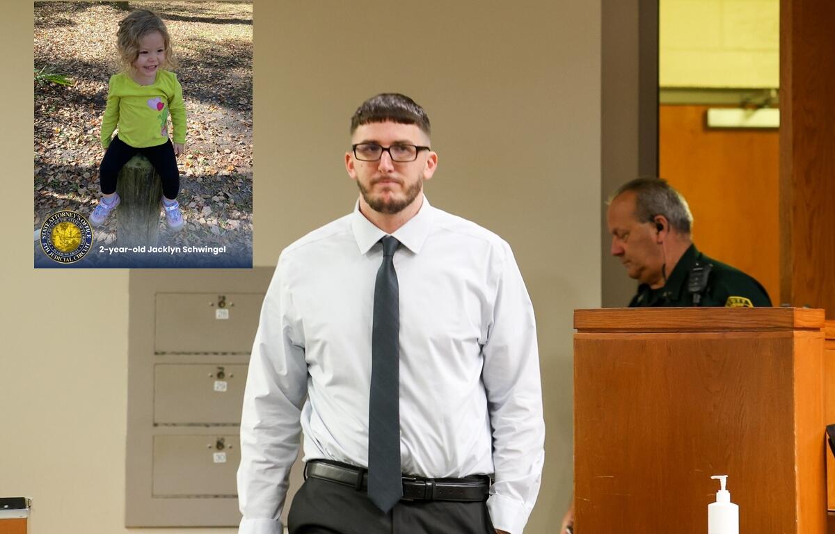 Travis Ray Thompson walks into a courtroom during his trial, with an inset photo of toddler Jacklyn Schwingel displayed in the corner.