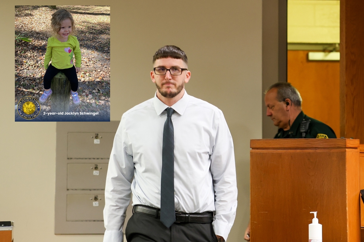 Travis Ray Thompson walks into a courtroom during his trial, with an inset photo of toddler Jacklyn Schwingel displayed in the corner.
