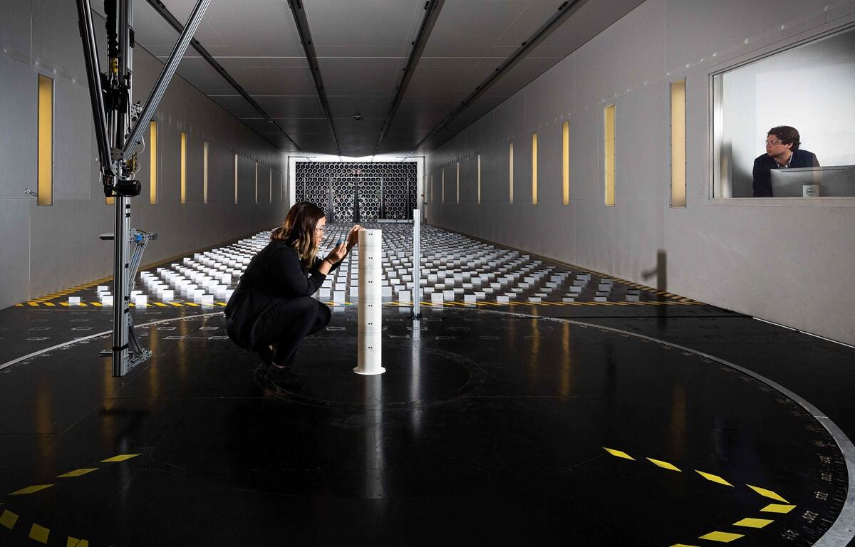 Researcher works in UF’s Boundary Layer Wind Tunnel to simulate hurricane wind effects on pine trees.