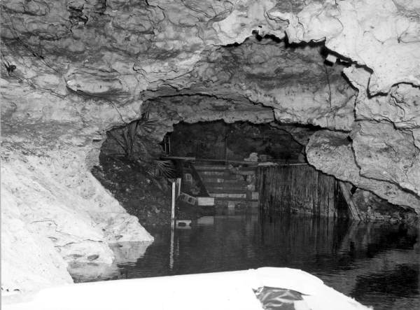 Black and white photo of the interior of a natural limestone cave with a pool of water in the foreground. The cave walls are rough and uneven, with an arched ceiling forming the entrance to a darker chamber beyond. Stone steps lead up from the water toward a constructed platform or dock area, partially obscured by wooden slats or reeds. Vegetation is visible near the entrance, including a small palm or shrub. The scene appears to be part of a subterranean or partially submerged tourist attraction.