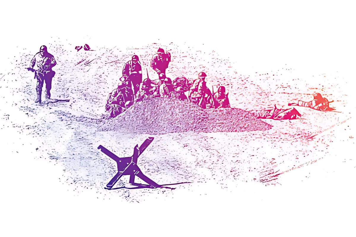 A stylized illustration shows soldiers advancing and taking cover on a beach, evoking the D-Day invasion during World War II.