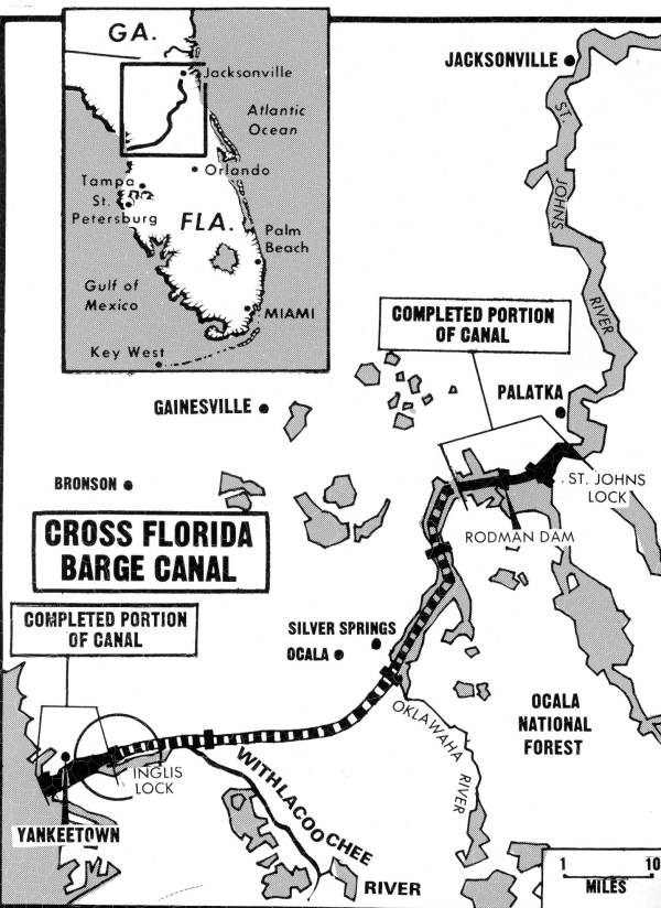 A detailed black-and-white map showing the planned route of the Cross Florida Barge Canal across the Florida peninsula. The map outlines major towns, rivers and landmarks along the canal's intended path from the Gulf of Mexico to the Atlantic Ocean.