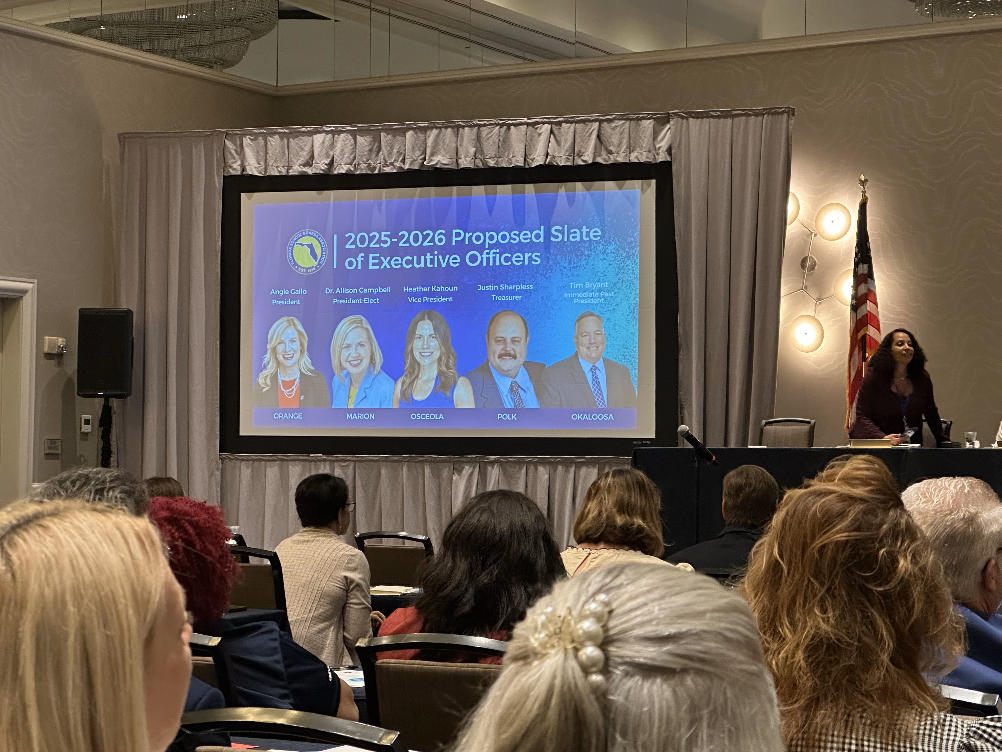 A presentation slide displays the FSBA 2025–2026 executive officers, featuring Dr. Allison Campbell of Marion County as president-elect.