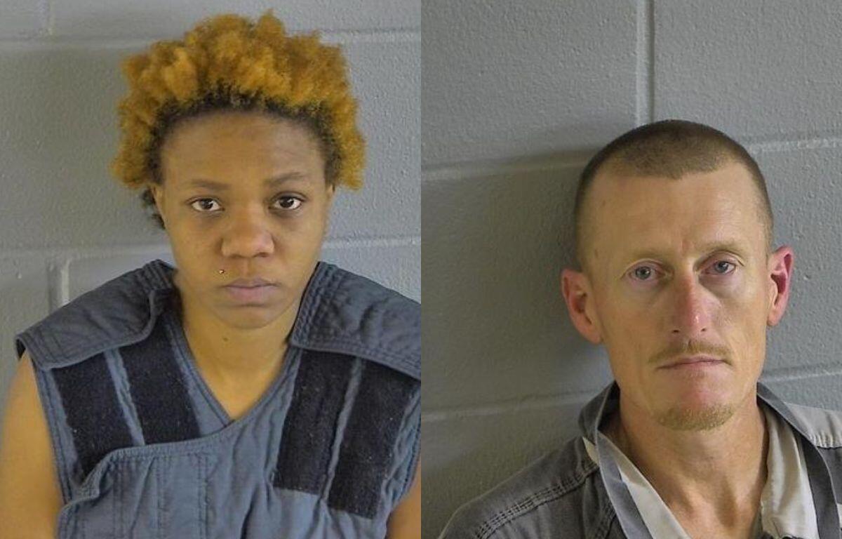 Person on the left is Chiane Carter, with orange-dyed hair and a blue shirt. The person on the right is Clifton Spivey, bald head wearing a grey shirt