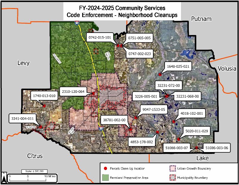 Map of Marion County with red dots marking parcel cleanup sites for 2024–2025.